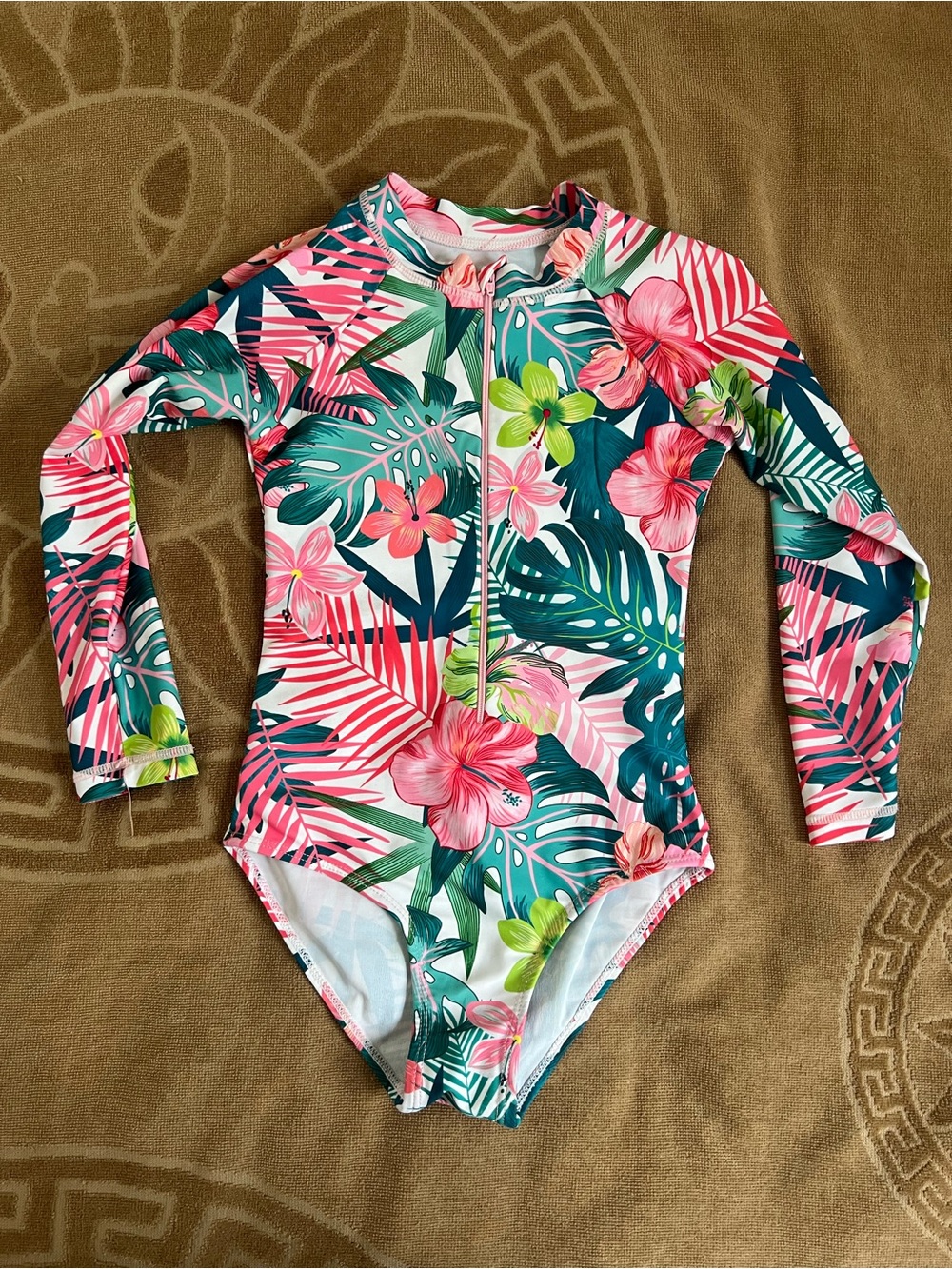 Kids Long-Sleeve Tropical Floral Rash Guard Swimsuit - Pink & Green